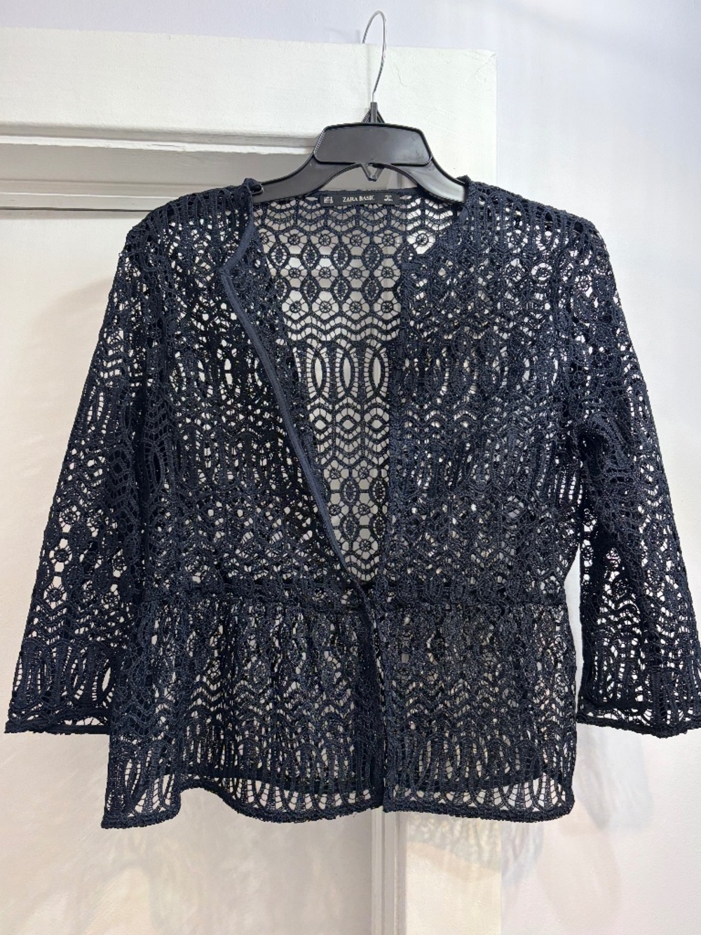 Zara Navy Crochet Lace Open-Front Jacket